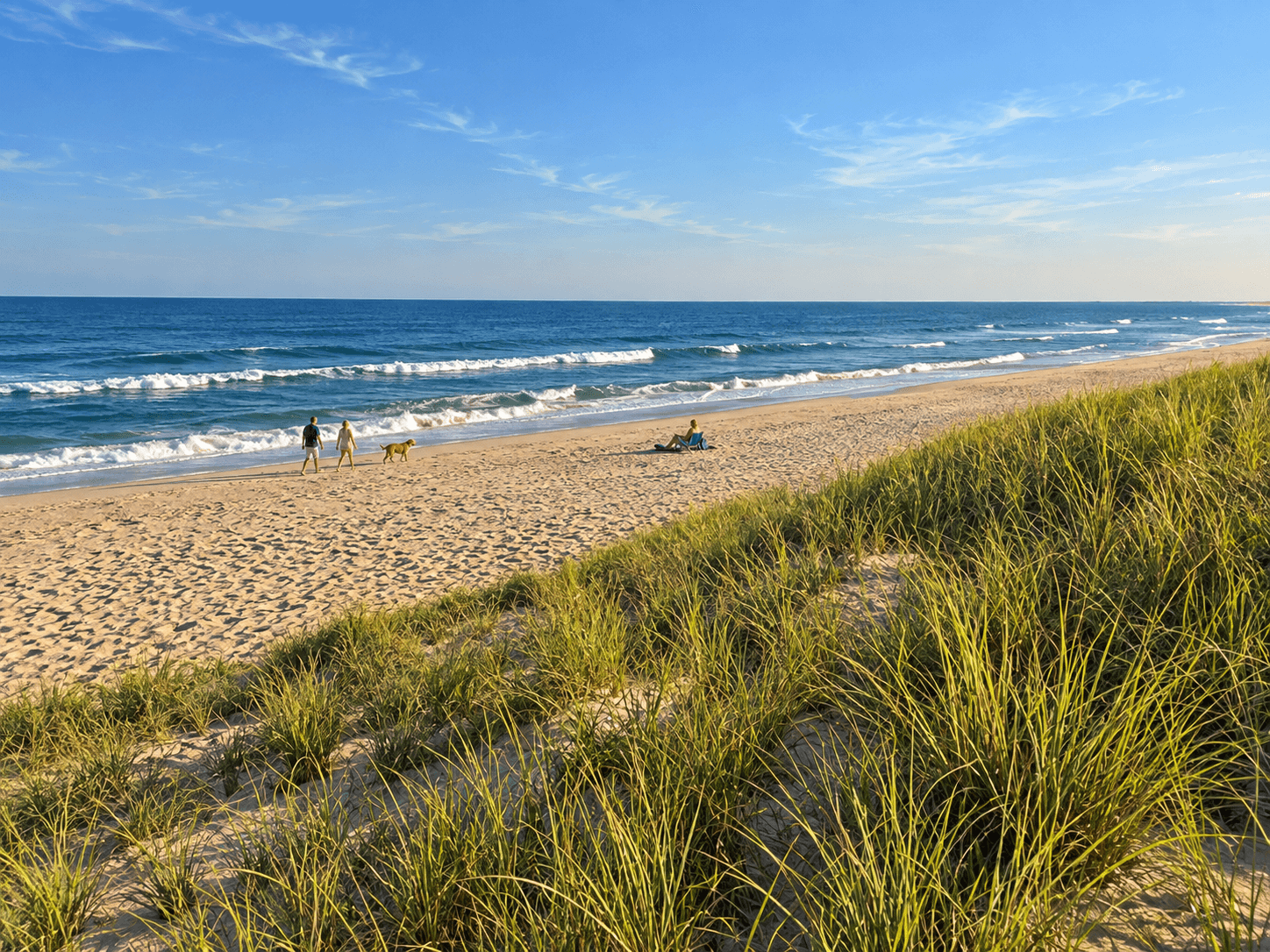 Dune grass above Nobadeer Beach, with people walking near the water